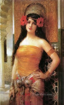 アラブ Painting - 赤い花を持つ美しいアラビアの女の子の女性